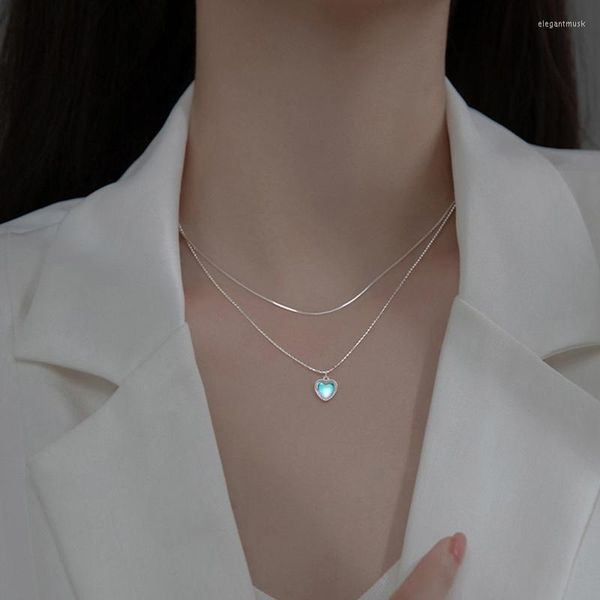 Pendentif Colliers Argent Couleur Double Amour En Forme De Coeur Moonstone Shinny Collier Femmes Simple Gradient Gemstone Clavicule Chaîne Couple