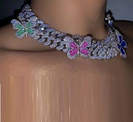 Collares colgantes Color plata Micro pave cz 12mm Miami cadena de eslabones cubanos colorido esmalte mariposa encanto gargantilla collar para mujeres 16 "18" 231214