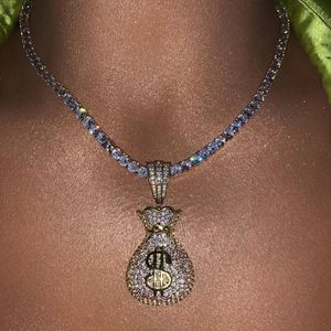 Pendentif colliers Couleur argent sac d'argent pendentif collier avec chaîne de Tennis glacé Bling cubique zircone charme Hip Hop bijoux cadeau pour les femmes 230911