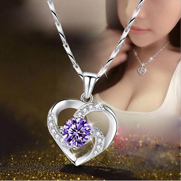 Pendentif Colliers Collier de couleur argent avec boîte de pierres précieuses en zircon violet chaîne femmes forme de coeur pour toujours amour collier de mariage pendentif collier