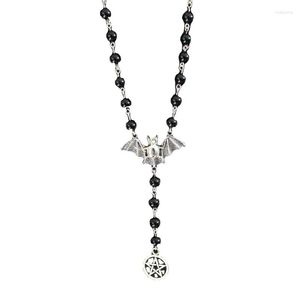 Collares colgantes Collar de pentagrama de murciélago volador de plata Joyería de rosario negro Moda gótica de Halloween para mujeres