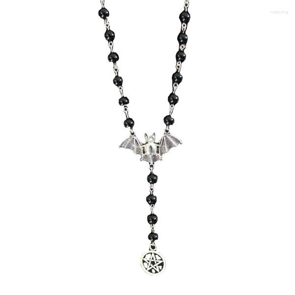 Pendentif Colliers Argent Flying Bat Pentagram Collier Noir Rosaire Bijoux Gothique Halloween Mode Pour Les Femmes