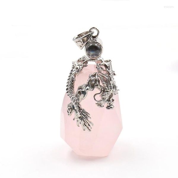 Pendentif Colliers Argent Plaqué Style Chinois Dragon Wrap Forme Irrégulière Naturel Rose Rose Quartz Citron Cristal Bijoux