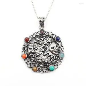 Pendentif Colliers Argent Plaqué Métal Gravé Soleil Et Lune Avec Petit Collier De Pierre Guérison Chakra Bijoux