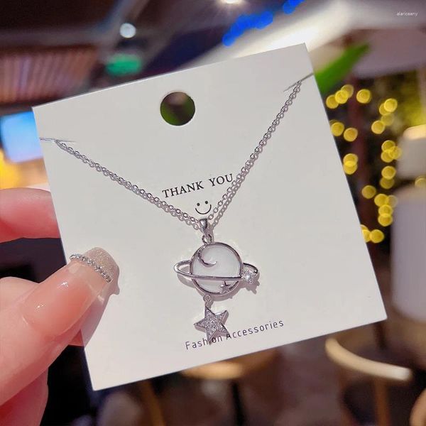 Pendentif Colliers Argent Plaqué Planète Terre Collier avec Opale Pierre Femme Mode Bijoux Titane CZ Lune Étoile Saturn Collier Acero