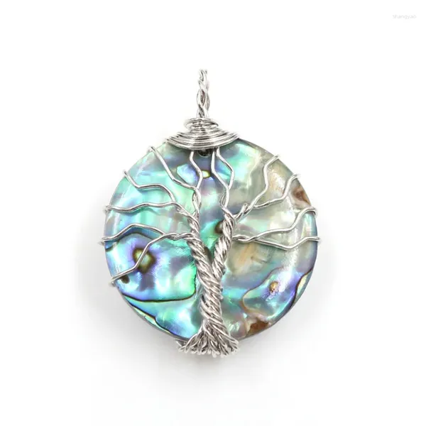 Pendentif Colliers Argent Plaqué Fil Wrap Abalone Shell Ronde Pour Cadeau Arbre De Vie Bijoux De Mode