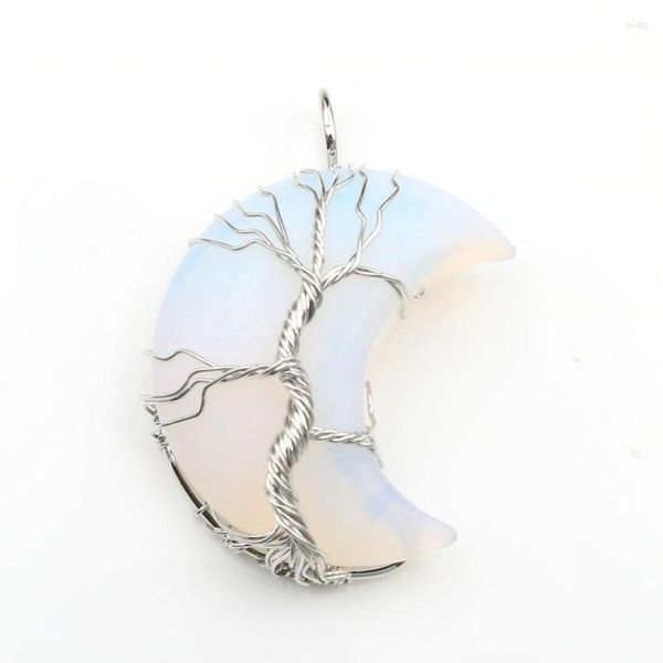 Pendentif Colliers Argent Plaqué Fil Wrap Arbre De Vie Croissant De Lune Opalite Opale Noir Agates Transfert Chanceux Cadeau Bijoux