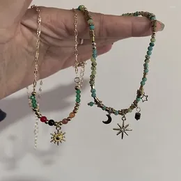 Pendentif Colliers Simple Coloré Perle Chaîne En Métal Collier Pour Femmes Soleil Et Lune Cadeau Bijoux