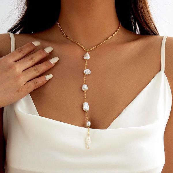 Collares colgantes, collar de cadena larga de perlas barrocas irregulares de moda Simple, gargantilla de pecho de Bikini Sexy para mujer, accesorios de joyería para fiestas