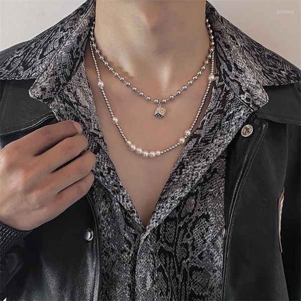 Pendentif Colliers Simple Mode Métal Perlé Dés Collier Hip Hop Punk Hommes Couture Perle Double Couche Anniversaire CadeauPendentif Godl