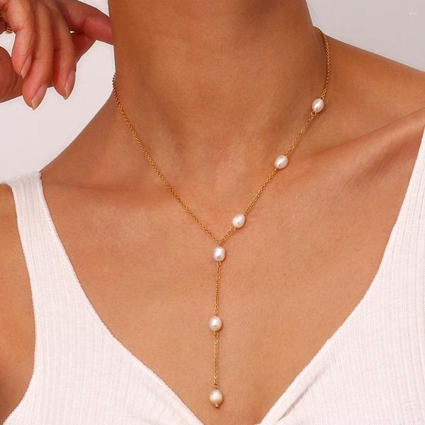 Collares pendientes Perla de agua dulce simple Collar de cadena en forma de Y para mujer Chapado en acero inoxidable 18 K Joyería de oro a prueba de agua