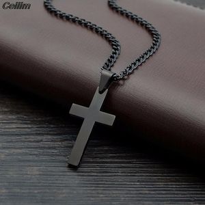 Hanger Kettingen Simple Heren Cross Charm voor Dames Mannen Roestvrij staal Zwart Gebed Ketting Christian Jesus Choker Colar