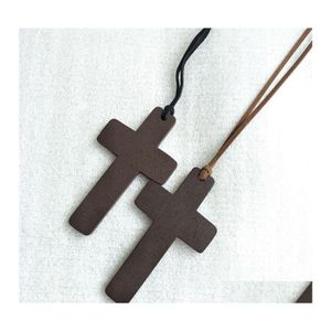 Pendentif Colliers Simple Croix en bois pour femmes Crucifix en bois avec corde noire marron longues chaînes bijoux de mode en BK Drop de Ottvm