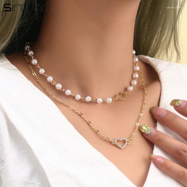 Pendant Necklaces Sindlan 2 pièces Vintage couleur or perles chaînes coeur pendentifs collier pour femmes Boho géométrique ensemble cristal bijoux Collares