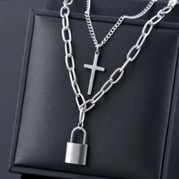 Pendentif Colliers SINLEERY Punk Chaîne en acier inoxydable Collier pour femmes Hommes Lettre Coeur Croix Serrure Double Couche Bijoux