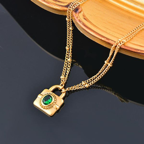 Collares colgantes SINLEERY Acero inoxidable Oval Piedra verde Bolsa en forma de collar para mujeres Cadena de color dorado Joyería de moda DL086 SSB