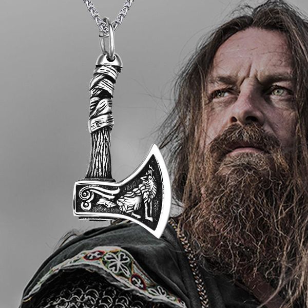 Pendentif Colliers Slave Axe Collier Double Face Odin Raven Wolf Amulette en acier inoxydable pour hommes femmes Nordic Viking JewelryPendant