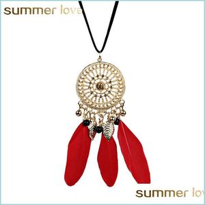 Hanger kettingen Sliver Hollow Dream Catcher Tassel hanger ketting voor vrouwen elegante rode zwarte veer Boheemse sieraden cadeau dhfol