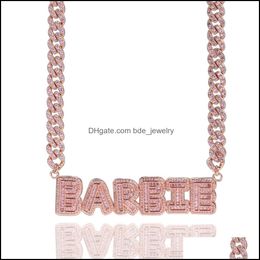 Pendentif Colliers Petite Baguette Lettres initiales Pendentif avec 10 mm Chaîne à maillons cubains Collier Combinaison Zircone Nom Bijoux Rose Dhmsy