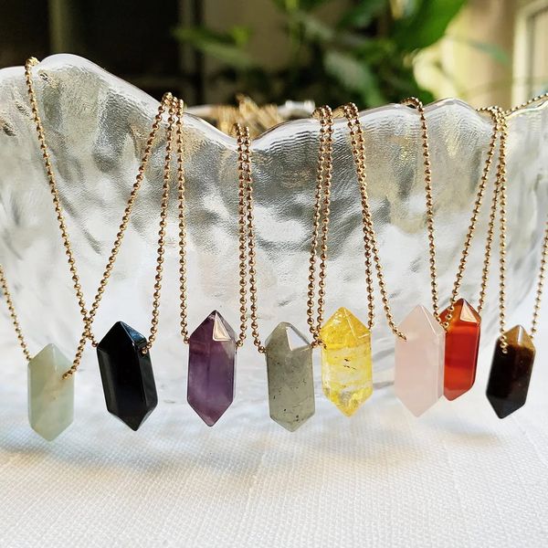 Petit collier de cristal Hexagonal chaîne en acier inoxydable pierre naturelle Citrines Quartz violet cristal pendentif Point de guérison amulette 231207