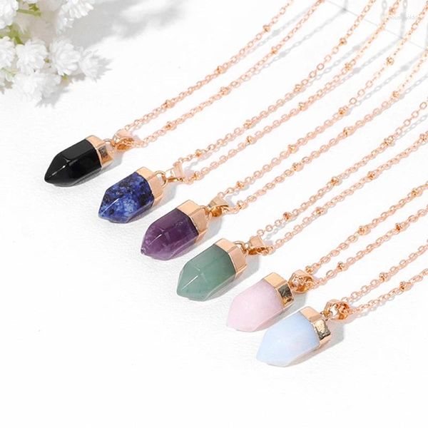 Collares colgantes Pequeña piedra natural Hexagonal Bullet Amatistas Cuarzo rosa Puntiagudo Reiki Chakra Collar Joyería curativa Regalos