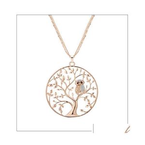 Colliers pendants Small Owl Tree of Life Collier Fomen Femme Rose Rose Gold Challe de pull longue Bijoux Bijoux Drop de Dhnqu