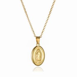 Collares colgantes Pequeño Virgen María Collar Oro Religioso Joyería Cristiana Acero Inoxidable Medalla Oval Moneda para Mujeres Hombres Colgante