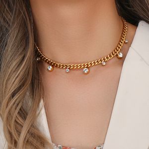 Collares pendientes Collar de cadena cubana lisa Chapado en oro de 18 quilates Círculo redondo Cristal Zircon Stone Charm Gargantilla para mujeres 230215