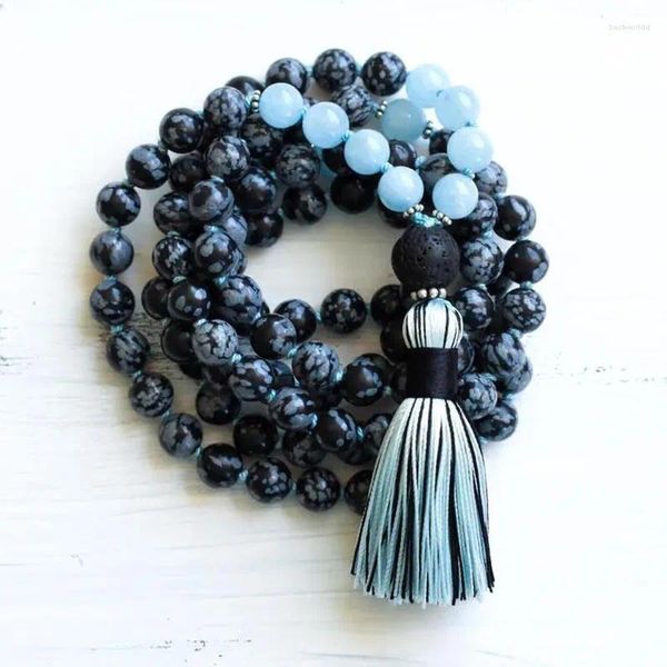 Collares colgantes Copo de nieve Obsidiana Mala Beads 108 A-quamarine Collar Japa Oración Borla Joyería de yoga para hombres