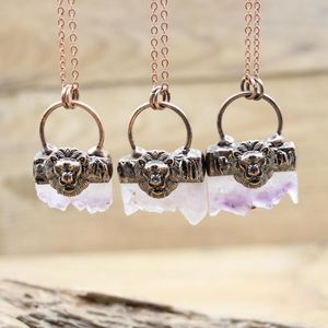 Hangende kettingen gesoldeerde bronzen leeuw natuurlijke amethisters geode plak hangers antieke koperen kwarts druzy drusy ketting vrouwen boho sieraden