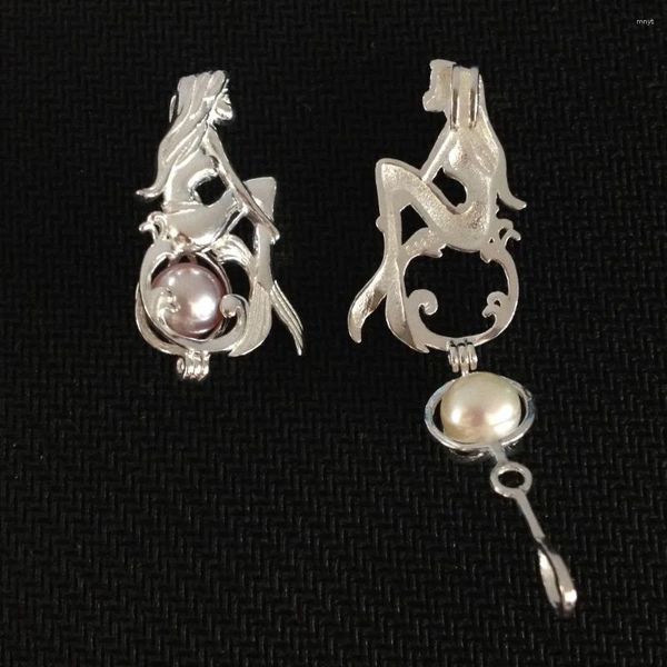 Collares colgantes Sólido 925 Plata Sirena Chica Locket Cage Sterling Puede Sostener 8.5mm Ajuste de Cuentas