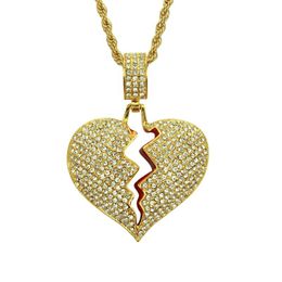 Hanger kettingen vast gebroken hart led out ketting charme voor mannen vrouwen goud zilveren kleur twist chain zirkoon hiphop sieraden