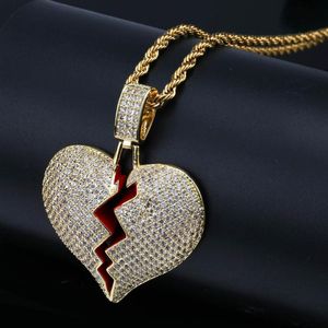 Pendentif Colliers Solide Design Hip Hop Rappeur CZ Zircon Bling Glacé Coeur Brisé Pendentifs Collier Hommes Femmes FashionJewelry Or ColorPen