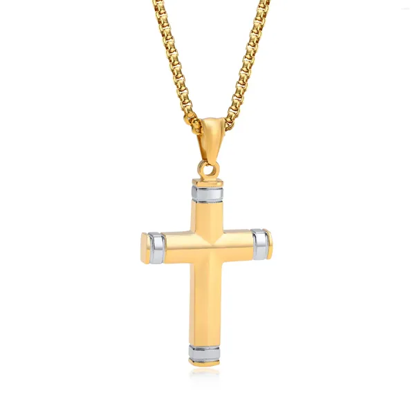 Colliers pendentifs en acier inoxydable solide collier croix chaîne Rolo pour hommes garçons 3mm 24 pouces plaqué or