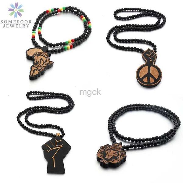 Collares colgantes Somesoor África Mapa Cuentas de madera Collar de cadena Afro León Símbolo de paz Puño de poder Colgante Hip Hop Joyería para hombres Mujeres Regalos 240330