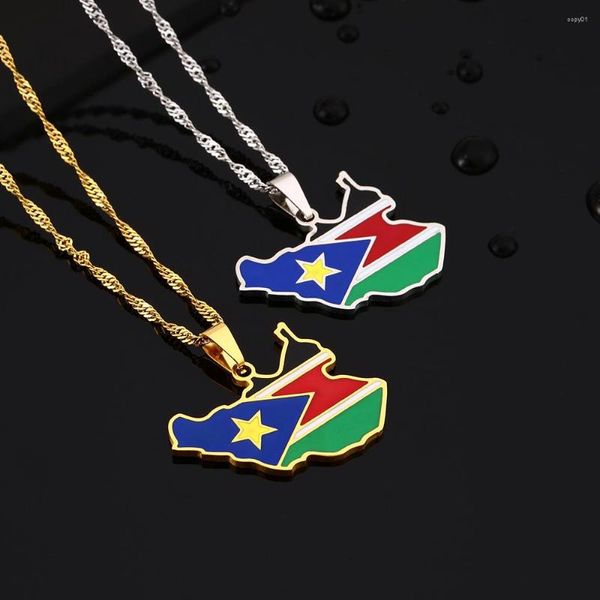 Collares pendientes SONYA esmalte gota aceite Sudán del Sur mapa bandera collar para mujer joyería de acero inoxidable fiesta étnica regalo de cumpleaños