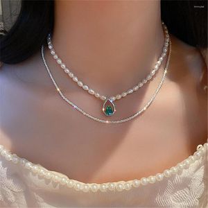 Pendentif Colliers Corée du Sud Perle d'eau douce Vert Goutte d'eau Collier Double Collier pour femme Tempérament Super Fée Chaîne de clavicule