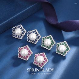 Pendentif Colliers SpringLady 2023 Tendance 10mm Blanc Perle Ruby Emerald Sapphire Stud Boucles d'oreilles pour femmes Fine Bijoux Charms Anniversaire