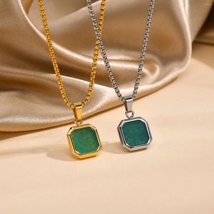 Colliers pendants Square Green Nature Stone Neckcece en acier inoxydable Bijoux pour femmes hommes 24 
