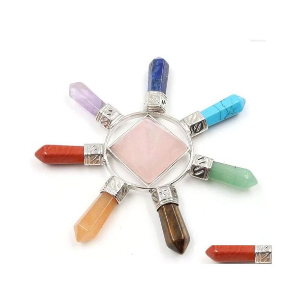 Collares pendientes Pirámide cuadrada con 7 columnas hexagonales Sier Plateado Rosa rosa Cuarzo Convertidor de energía Curación Chakra Joyería Gota Del Dhz1Q