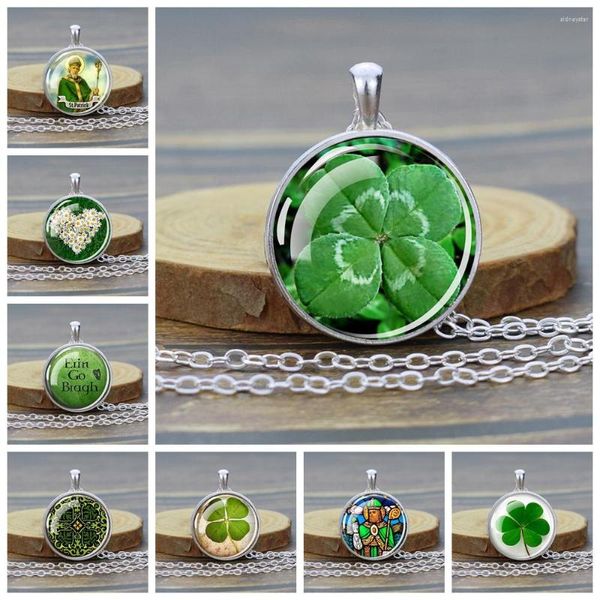 Pendentif Colliers St. Patrick Jour Verre Cabochon Collier Shamrock Trèfle Chaînes Amulette Irlande Chanceux Vert Bijoux Cadeau