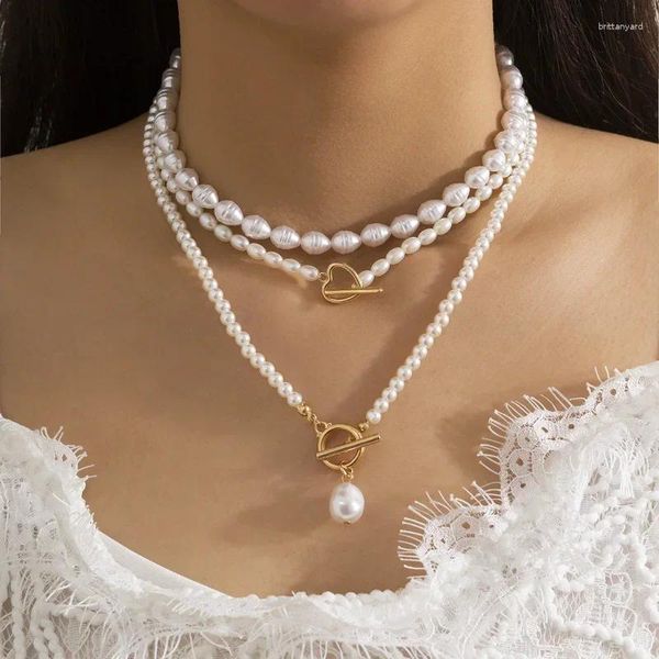 Collares colgantes apilados con cuentas en forma de corazón OT hebilla collar temperamento multicapa en forma de arroz imitación perla mujeres