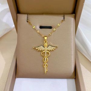 Pendentif Colliers Acier inoxydable CZ Angle Wings Collier Serpent Ouroboros Baguette magique Caduceus Asclepius Films médicaux d'urgence Bijoux