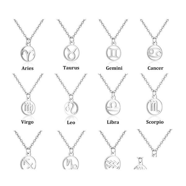 Collares colgantes Acero inoxidable 12 Constelación del zodiaco para mujeres Hombres Forma redonda Color Sier Moda Collar de cadena larga Joyería Dr Dhmwh