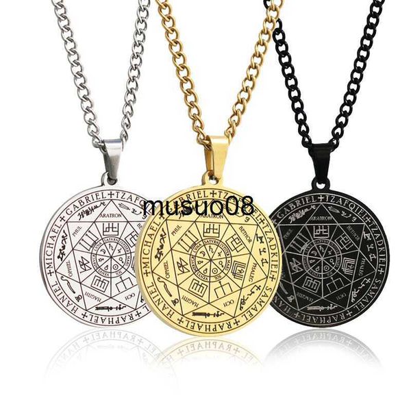 Pendentif Colliers En Acier Inoxydable 7 Archanges Amulette Pendentif Colliers pour Hommes Femmes Vintage Rune Summon Cercle Magique Sceau Tag Cou Chaîne Bijoux J230601