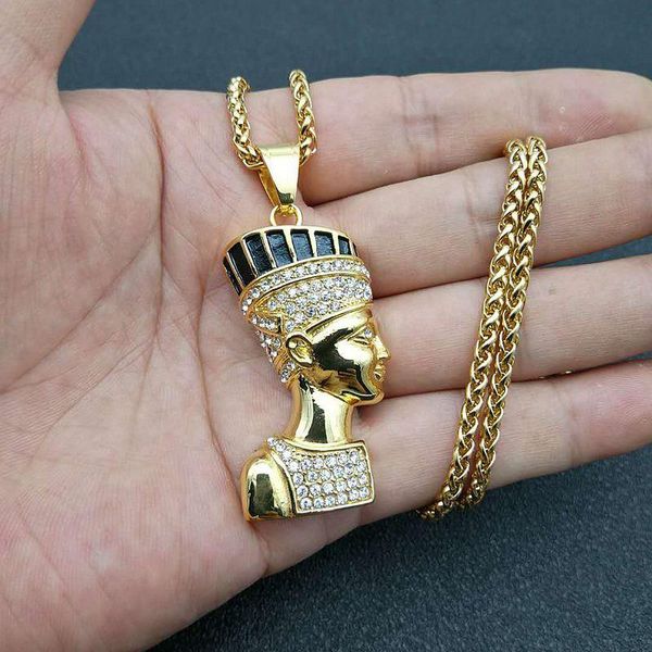 Collares pendientes de acero inoxidable antiguo egipcio reina Nefertiti collar para hombres Hip Hop rapero joyería con cadena de oro de 24 