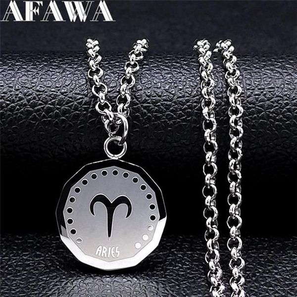 Collares colgantes Acero inoxidable Aries Astrología Collar Mujeres Hombres Color Plata Redondo Punk Joyería Ciondoli Acciaio Inox NXS02294C