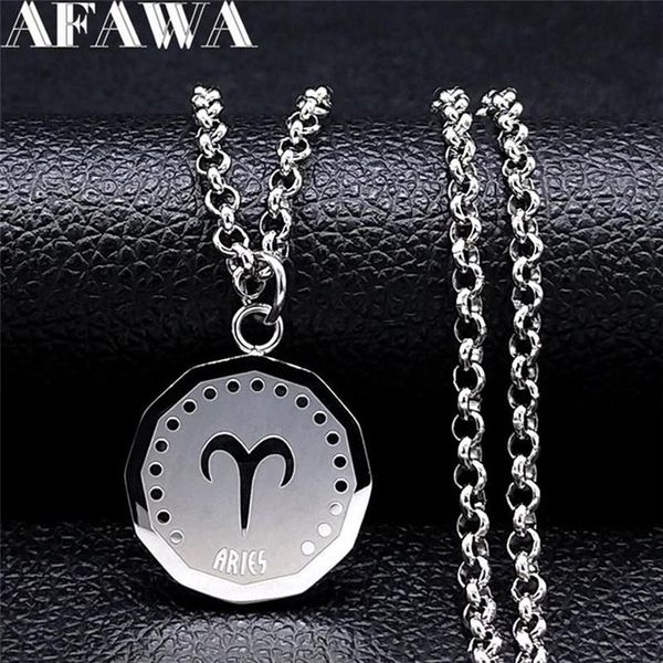 Collares colgantes Acero inoxidable Aries Astrología Collar Mujeres Hombres Color Plata Redondo Punk Joyería Ciondoli Acciaio Inox NXS02322U