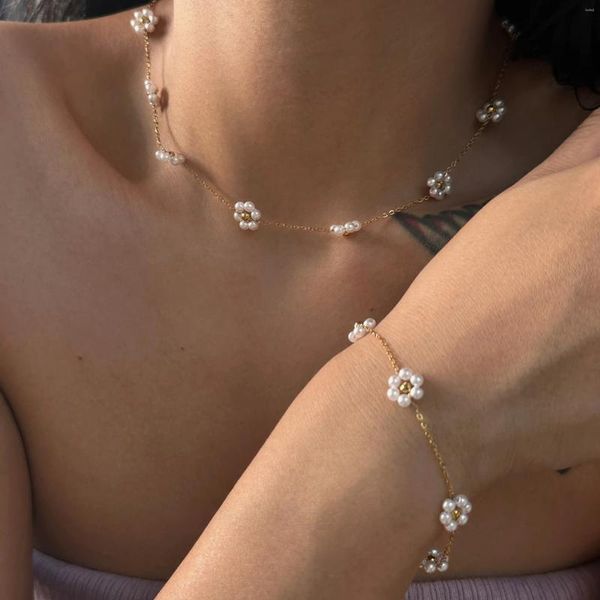 Pendentif Colliers En Acier Inoxydable Bohème Imitation Perle Fleur Collier De Perles Pour Femmes Cheville Sautoirs Bracelet Corps Chaîne Bijoux