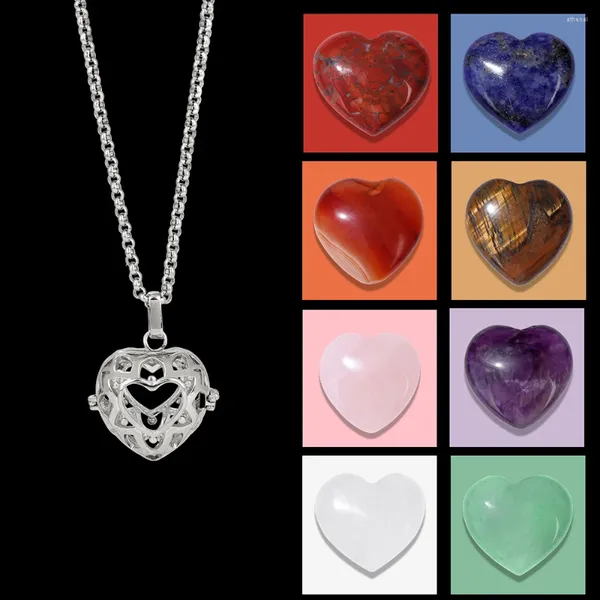 Pendentif Colliers Chaîne en acier inoxydable Collier Creux Love Heart Stone Améthystes naturelles Rose Quartzs Perles Bijoux pour femmes